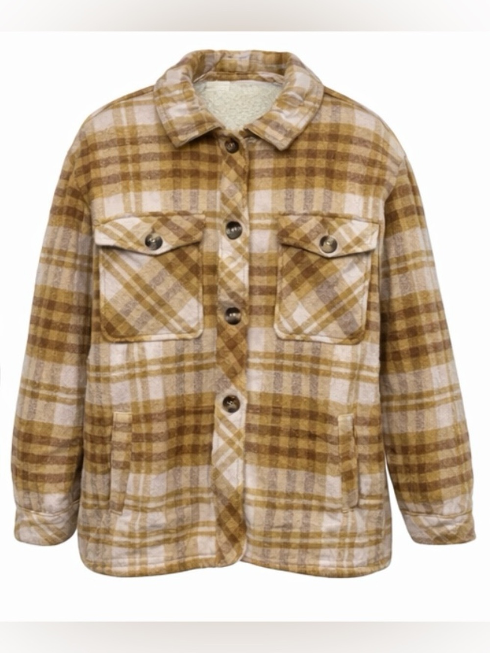 Aerie Womens Shacket Shirt Jacket Small Yellow Pink Plaid Flannel Sherpa Lined